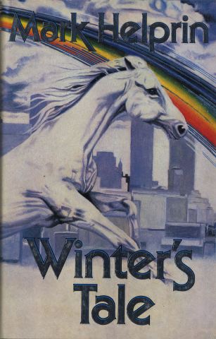 A book cover of a white horse and a rainbow